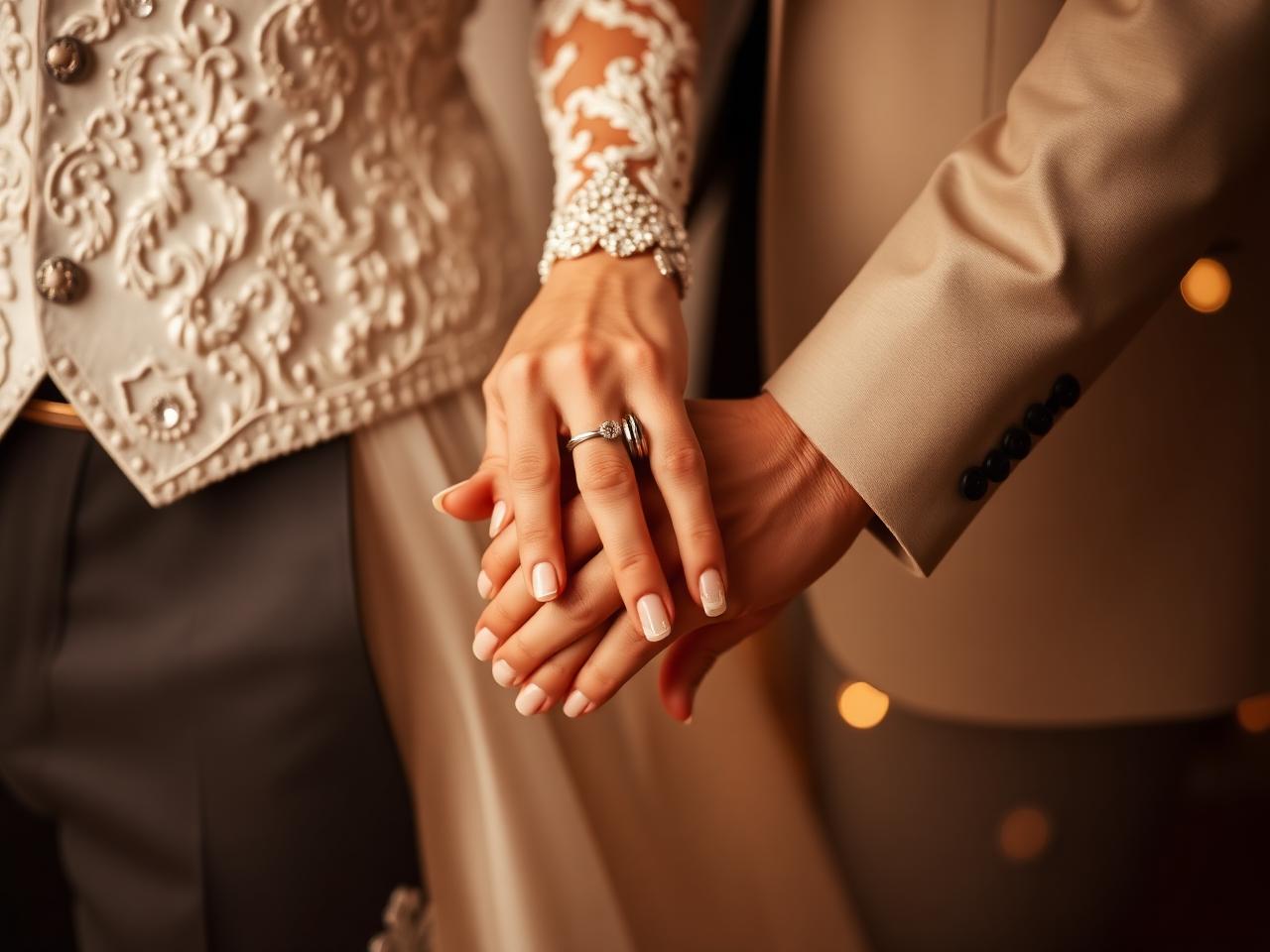 Bride and groom holding hands with wedding rings
